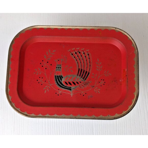 Tidbit Tip Tray Metal Serving 5"H x 7"L Red - Peacock - - Red MCM Vtg - Picture 1 of 5